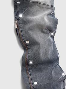 ROMWE MEN Men's Metal Rivet Adjustable Zipper Layered Denim Jeans - Blue - View 2