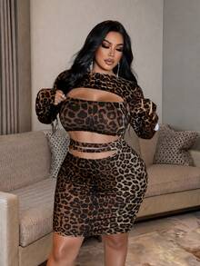 NU&NOW Plus Size Leopard Print Hollow Out Distressed Long Sleeve Bodycon Dress - Multicolor - View 3