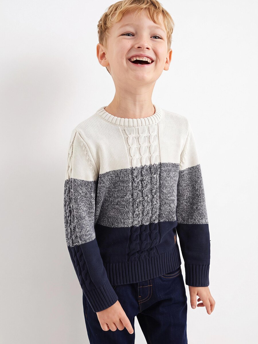 SHEIN Kids Tween Boy Casual Crew Neck Colorblock Sweater, Suitable For Autumn/Winter, Commuting, School, Daily Casual Wear, Sports - White - View 1