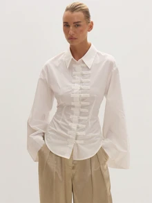 MUSEYN White Knot Fasten Cinched Shirt Versatile Everyday Casual Fall - White - View 1