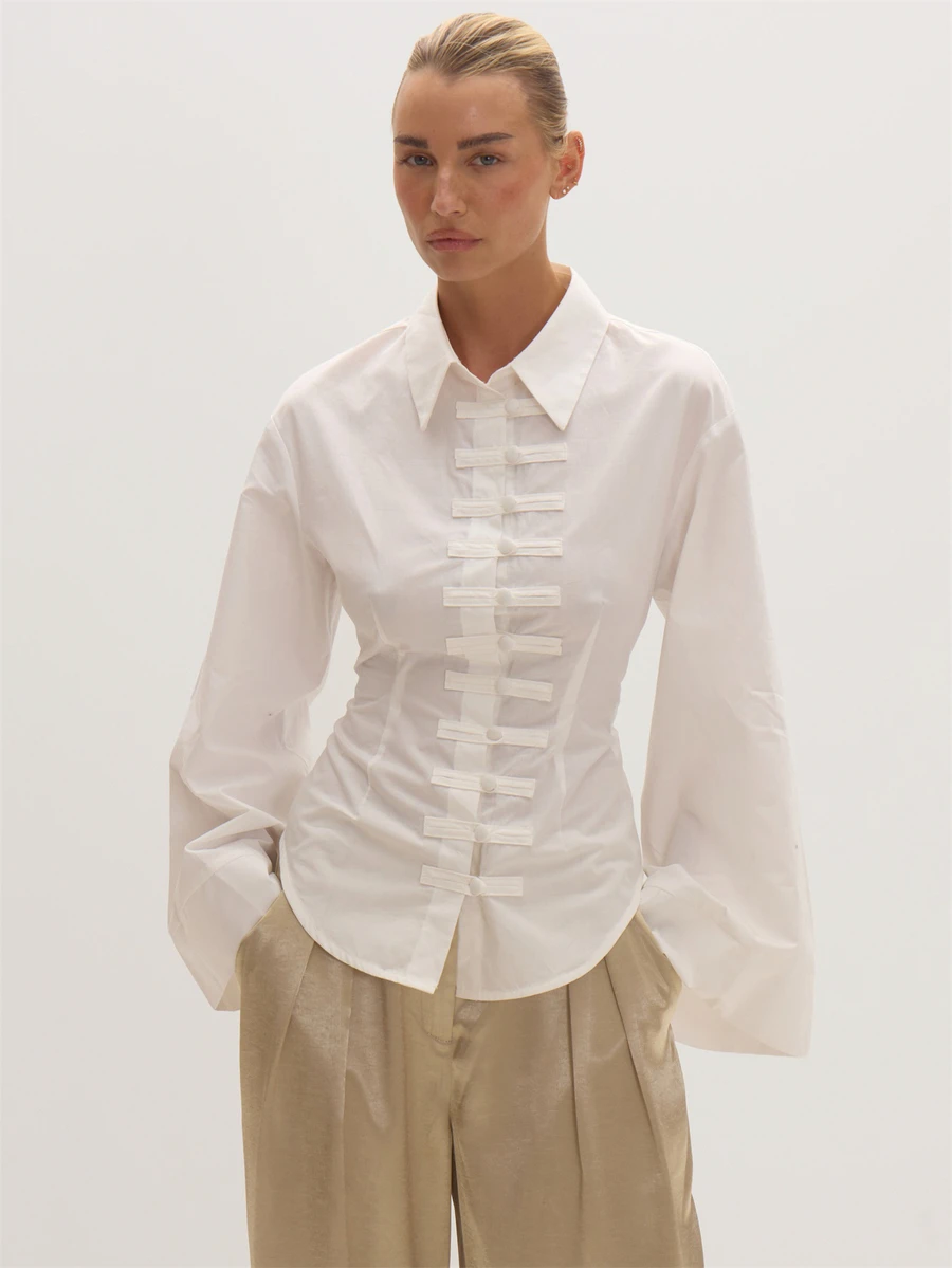 MUSEYN White Knot Fasten Cinched Shirt Versatile Everyday Casual Fall - White - View 1
