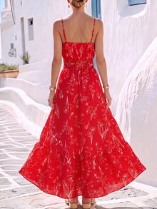 Breezaya Women's Floral Print Shirred Waist Vacation Dress - Red - View 2
