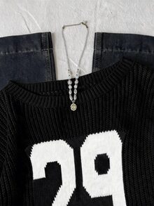 SHEIN 青少年女孩數位提花針織秋季毛衣，極簡時尚返校穿搭 - 黑色 - 查看 9