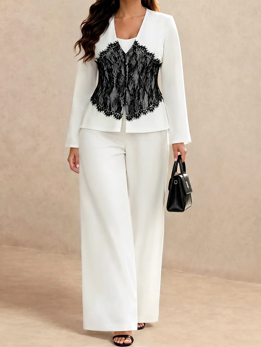 Juhart Versatile Premium Contrast Lace Contrast Color Plus Size Women's Long Sleeve Jacket And Pants Elegant 2 Pieces Set - Black and White - View 1