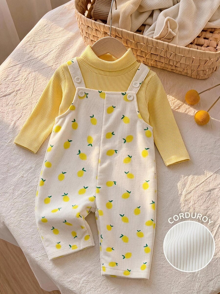 SHEIN Baby Girls Spring/Autumn/Winter/Summer Fresh Lemon All-Over Print Corduroy Overalls, Adjustable Shoulder Straps With Buttons Lemon Versatile - Multicolor - View 1