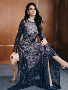 Anewsta Affair Women's Elegant Sequin Fashion Long Sleeve Evening Dress - Royal Blue - View 3