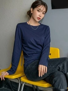 DAZY 女款素色休閒日常長袖T恤 - 藏蓝色 - 查看 6