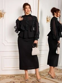 Modelyn Women's Ruffle Waist Top And Bodycon Skirt 2 Pieces Set, Elegant Commuter Design, Plus Size - Black - View 4