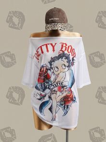 Betty Boop x SHEIN 女款字母印花不對稱肩短袖休閒上衣 - 白色 - 查看 3