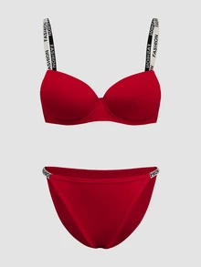 Chillnights Women's Letter Print Colorblock Spaghetti Strap Bra And Triangle Panty Lingerie Set - Red - View 1