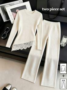 GlowEve Fall Clothes FOR WomenWomen's Autumn/Winter Casual Lace Patchwork Top & Pants 2 Pieces Set - Apricot - View 3