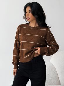 SHEIN 青少年女孩寬鬆休閒極簡舒適條紋套頭毛衣，百搭加厚保暖針織衫，適合秋冬 - 摩卡棕 - 查看 4