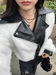 FRIFUL 女款毛絨拼接休閒街頭風性感百搭日常長袖外套 秋季夜生活 黑白配色 - 杏色 - 查看 8