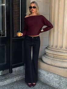 Aloruh Sweater Fashion Wanita Lengan Panjang Model Batwing dengan Bahu Asimetris dan Lengan Kelelawar Warna Polos - Purple - View 8