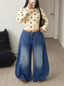 Flexra Plus Size Women Casual Denim High Slit Wide Leg Pants - Blue - View 7