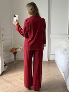 DAZY Women's Lace Patchwork Long Sleeve Top And Pants Casual Daily Home Sleepwear Set - Red - View 2