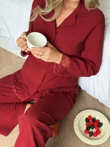 DAZY Women's Lace Patchwork Long Sleeve Top And Pants Casual Daily Home Sleepwear Set - Red - View 11