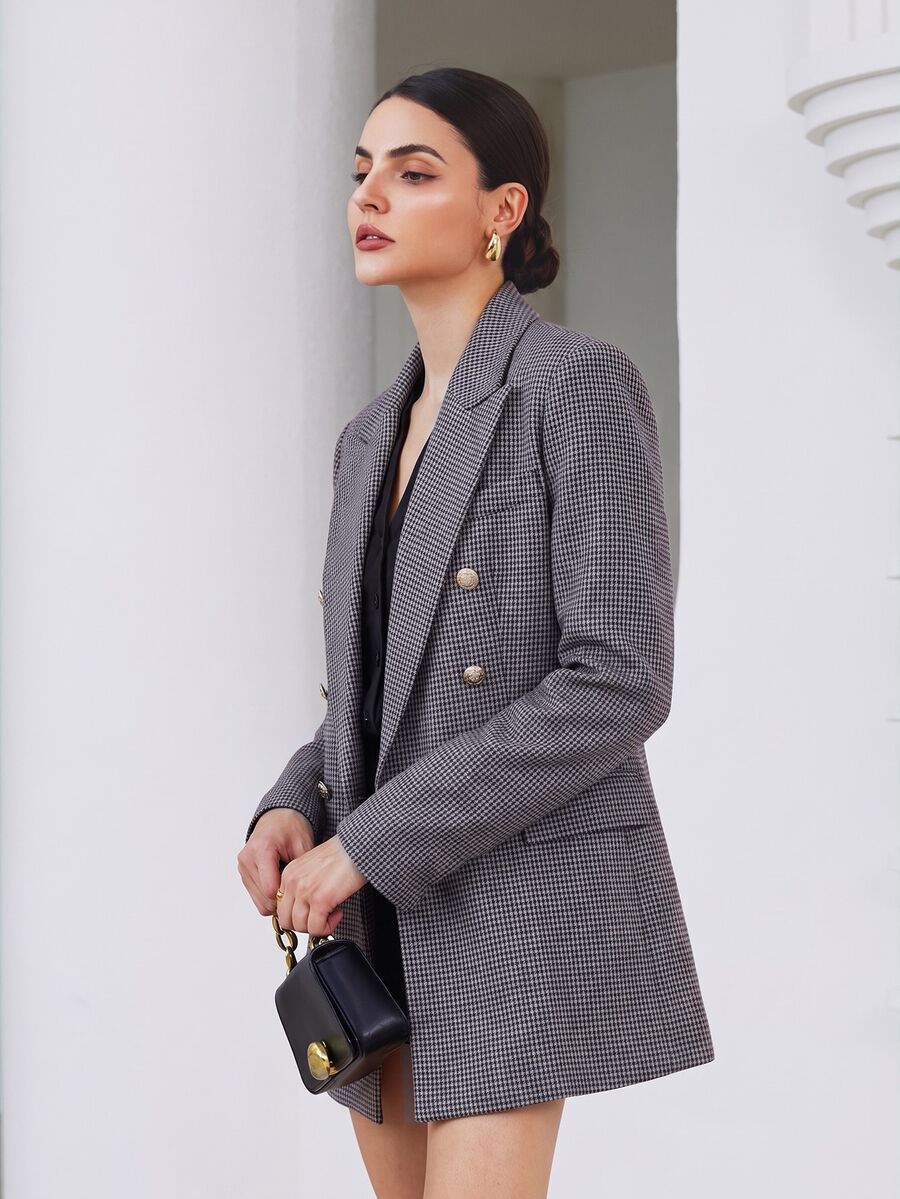 Aveloria Modichic 女款寬肩修身長版紋理西裝外套,雙排扣金色鈕扣,優雅商務老錢風棕色千鳥格秋季女裝 - 藍色 - 查看 1
