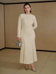 MOTF PREMIUM PLUS SIZE WOMEN'S ELASTIC ELEGANT TEXTURED BUTTON DESIGN MIDI DRESS FALL - Apricot - View 4