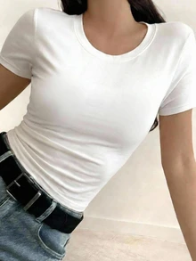 DAZY 青少年女孩簡約純色圓領短袖休閒T恤 - 灰色 - 查看 3
