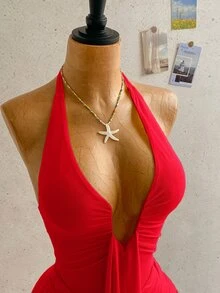 Soleia 女款春夏休閒性感深V領掛脖蝴蝶結抓皺緊身迷你洋裝，適合海灘、郵輪、公路旅行、城市度假 - 紅色 - 查看 3
