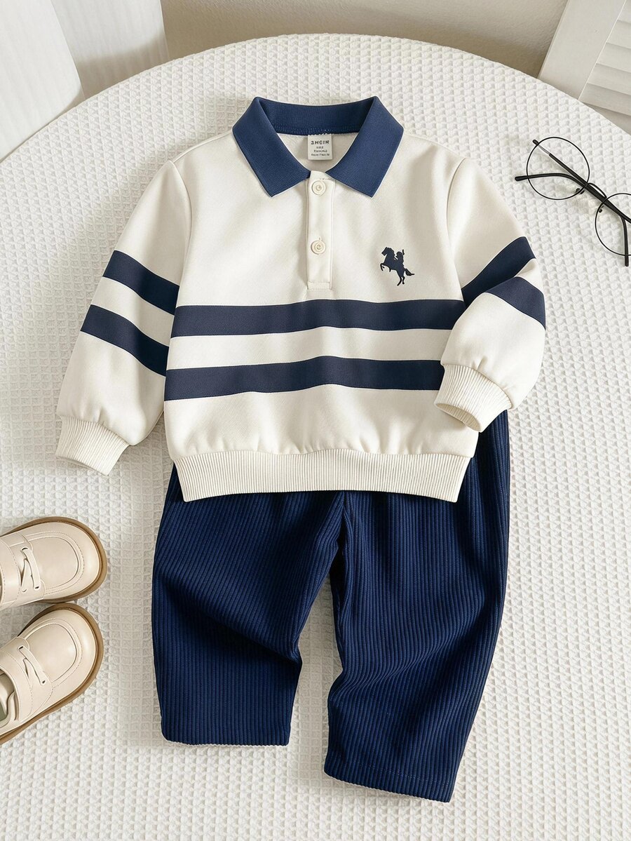 LMoss Kids Kids Baby Boy Cartoon Pony Striped Pattern Knitted Soft Crew Neck Long Sleeve Pullover Sweatshirt & Elastic Waist Long Pants 2 Pieces Set - Multicolor - View 1