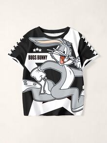 LOONEY TUNES X SHEIN 青少年男孩休閒卡通印花圓領短袖T恤 - 白色 - 查看 1