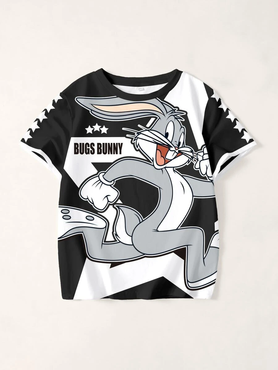LOONEY TUNES X SHEIN 青少年男孩休閒卡通印花圓領短袖T恤 - 白色 - 查看 1