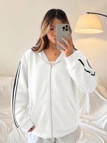 SHEIN Girlism 青少年女孩深白色開襟連帽寬鬆休閒秋季運動衫，簡約休閒，運動風 - 白色 - 查看 4