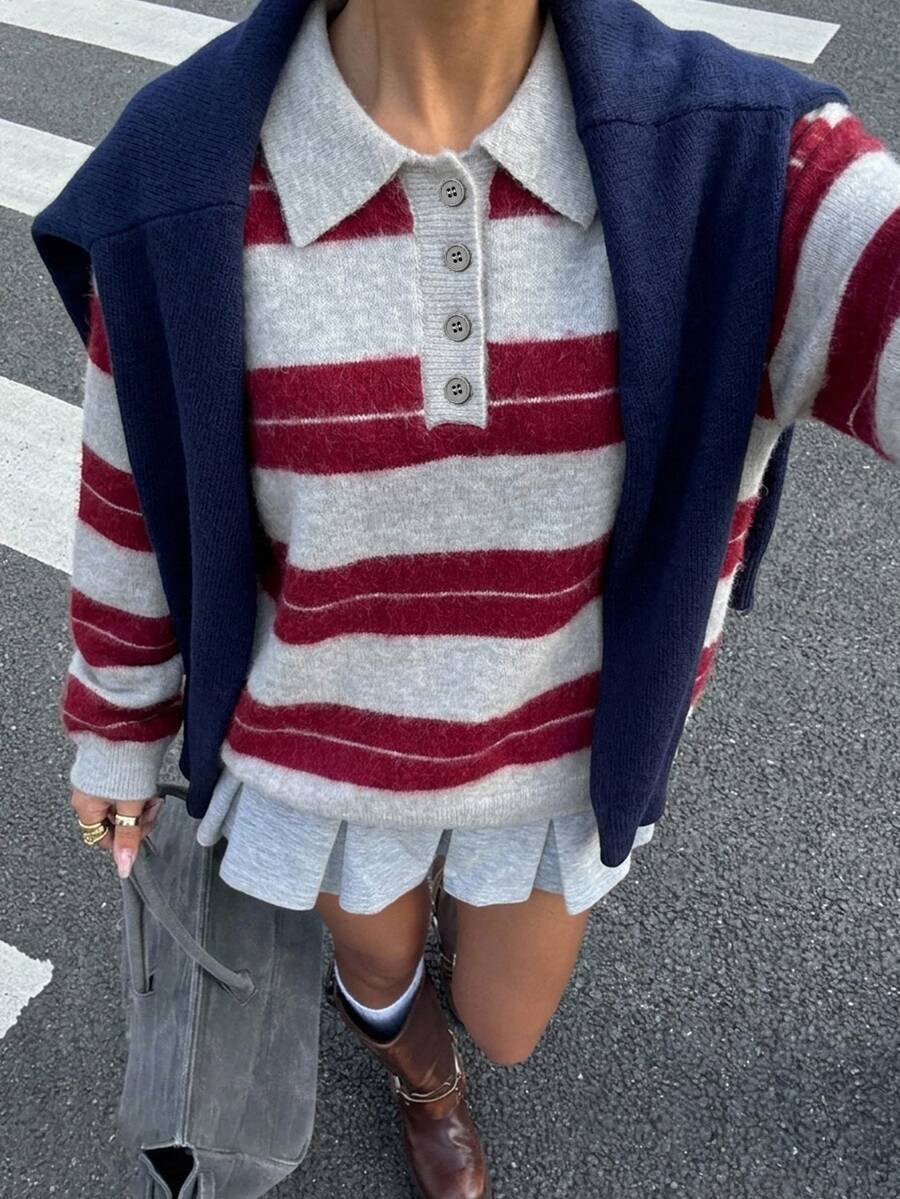 Livesso Women's Grey Colorblock Casual Preppy Everyday Long Sleeve Sweater School Autumn Winter - Burgundy - View 1