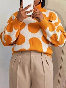 Slaydiva Plus Size Vacation Jacquard High Neck Long Sleeve Pullover Sweater - Orange - View 9