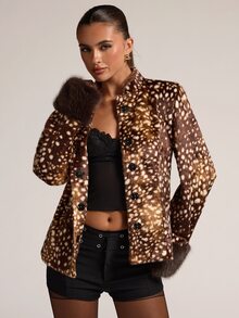 SHEIN BAE Women's Plush Patchwork Casual Versatile Daily Wear Wool Blend Jacket - Multicolor - View 3