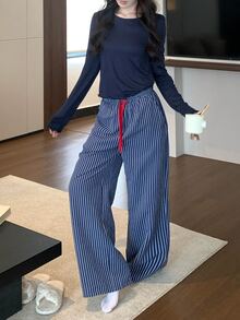 DAZY 2pcs Women's Pajama Set, Solid Color Slim Fit Long Sleeve T-Shirt And Striped Loose Long Pajama Pants - Navy Blue - View 4