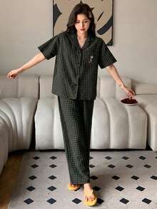 DAZY 2pcs/Set Plaid Cartoon Embroidered Pattern Cardigan Short Sleeve Top & Straight Leg Long Pajama Pants Sleepwear Set - Dark Green - View 3