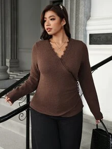 Vionelle Plus Size Women's Lace V-Neck Criss-Cross Wrap Knit Top Side Ruched Button Waist Long Sleeve Slim Fit Undershirt Party Formal Brown Autumn Elegant - Coffee Brown - View 4