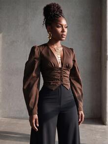 BamGlimmer Fall/Winter Brown V-Neck Pleated Short Blouse, With A Luxurious And Elegant Style, Suitable For Dates, Parties, And Light Business Wear. - Brown - View 4