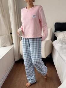 Napfluff Pullover Flanel Warna Polos, Celana Lengan Panjang Motif Kotak-kotak, Pakaian Santai - MultiWarna - View 4