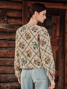 Anewsta Autumn/Winter Apricot Oil Painting Style Round Neck Elegant Jacket - Apricot - View 7