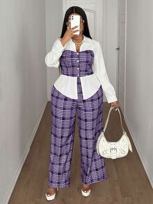 SHEIN CURVE+ Setelan Kemeja & Celana 2 in 1 Kerah Prancis Motif Kotak-kotak Ukuran Besar untuk Wanita, Musim Gugur - MultiWarna - View 6