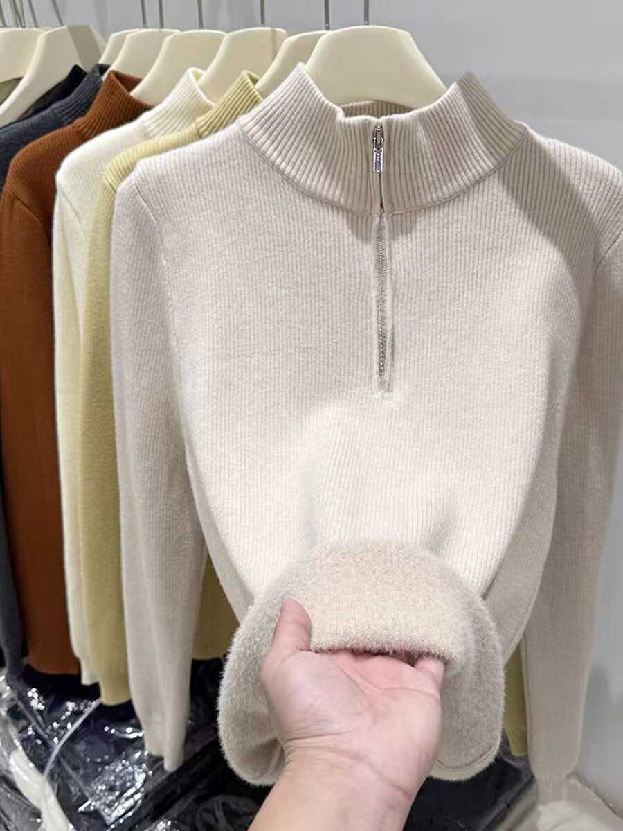 SHEIN Franclia Women Half Zip Mock Neck Ribbed Knit Sweater, Slim Fit Long Sleeve Stretch Knit Top, Casual Fall Win - Apricot - View 1