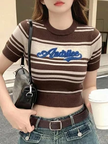 DAZY 女款字母刺繡圖案休閒日常針織上衣 - 咖啡棕 - 查看 7