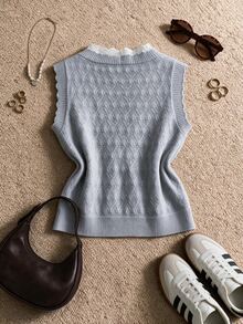 Grovea Plus Size Lace Trim Lace-Up Sleeveless Knit Top - Grey - View 2