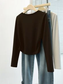 SHEIN Raffinéa 女款秋冬深棕色圓領長袖上衣，腰部抓皺修身保暖底層，時尚場合穿搭，適合日常通勤居家 - 棕色 - 查看 2