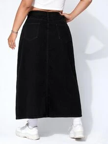 Rivivi Plus Size Casual Denim Skirt, Autumn - Black - View 2