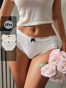 DAZY 2pcs/Pack Lace Patchwork Bow Print Short Women's Triangle Panties - Multicolor - View 3
