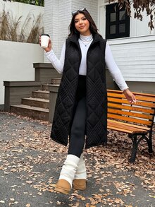 SHEIN EZwear 大尺碼女款純色休閒百搭冬季連帽填充外套 - 黑色 - 查看 5