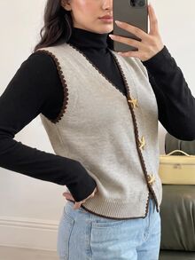 Modelyn Plus Size Shell Embroidery Metal Decor Knitted Vest Cardigan - Khaki - View 4
