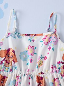SHEIN | PAW Patrol Gaun Anak Perempuan Motif Kartun Bunga dengan Tali Bahu Tipis - Putih - View 4