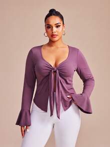 SHEIN Core Rhythm Plus Size Women's One-Piece Solid Purple Sports Kawaii Front Tie-Front T-Shirt Tank Top Gym Autumn Fall Pilates Tropical Cow Girl - Purple - View 5