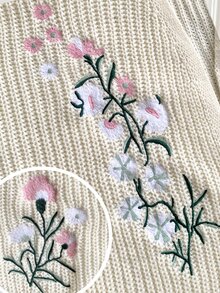 SHEIN Women's Cream Floral Embroidered Knit Cardigan, Casual Oversized Lantern Sleeve V-Neck Sweater Coat For Spring Fall - Beige - View 6